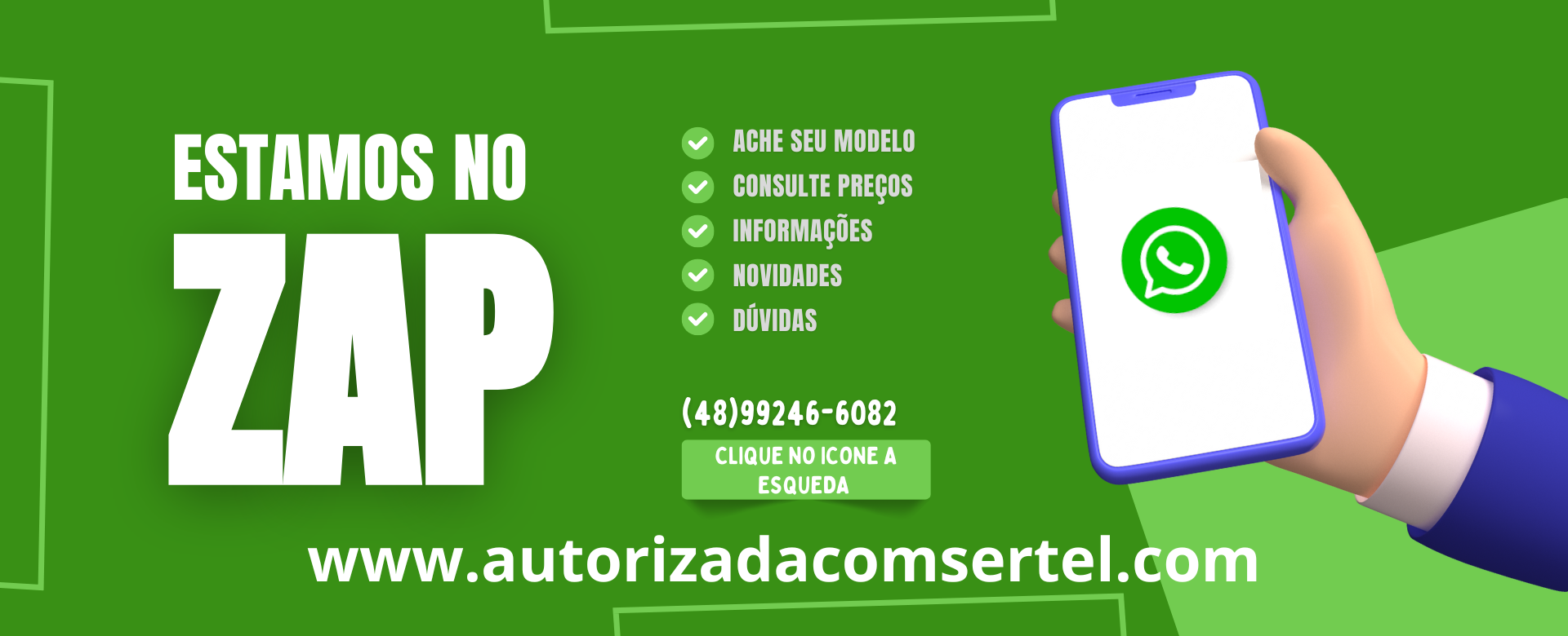 Banner de site estamos no zap com contato para atendimento